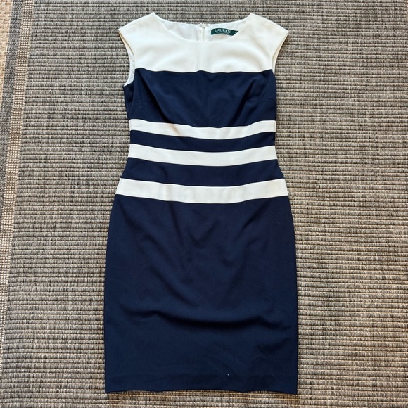 Ralph Lauren White and Blue Sheath Midi Dress Cap Sleeve Crew Neck - Picture 1 of 3